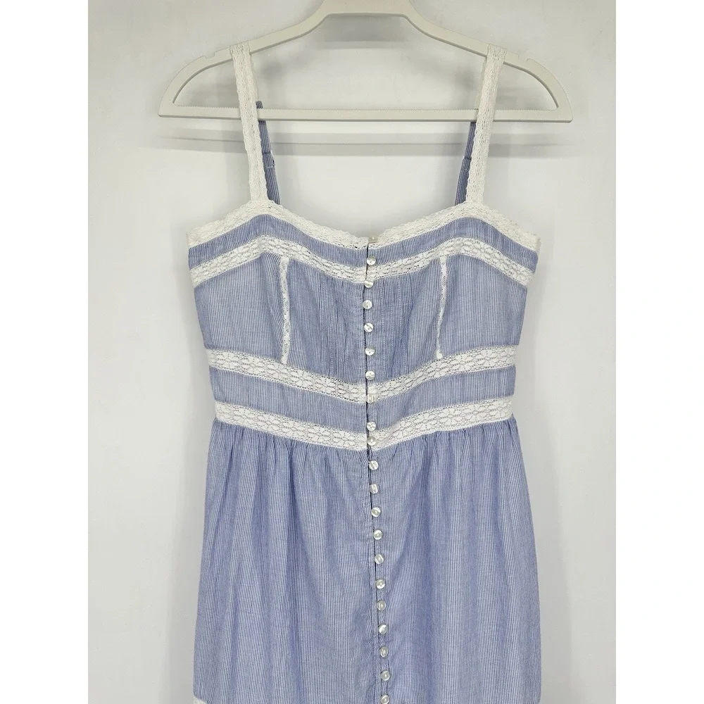 GAP Lace Trim Maxi Dress S Petite Blue Stripe Cotton Button Front Cottagecore - Picture 10 of 16
